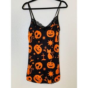 Avidlove Chemise Nightgown Women M Black Halloween Pumpkin Skull Lace Spooky